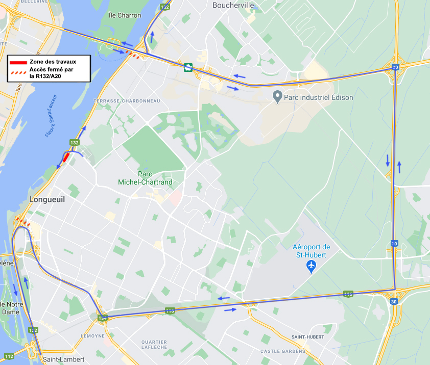 Fermeture de la route 132/A-20 durant la fin de semaine de Pâques Longueuil
