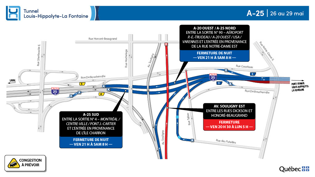 Tunnel L-H Lafontaine: fermeture complète de l’A 25 dans les deux directions durant la nuit du 26 au 27 mai