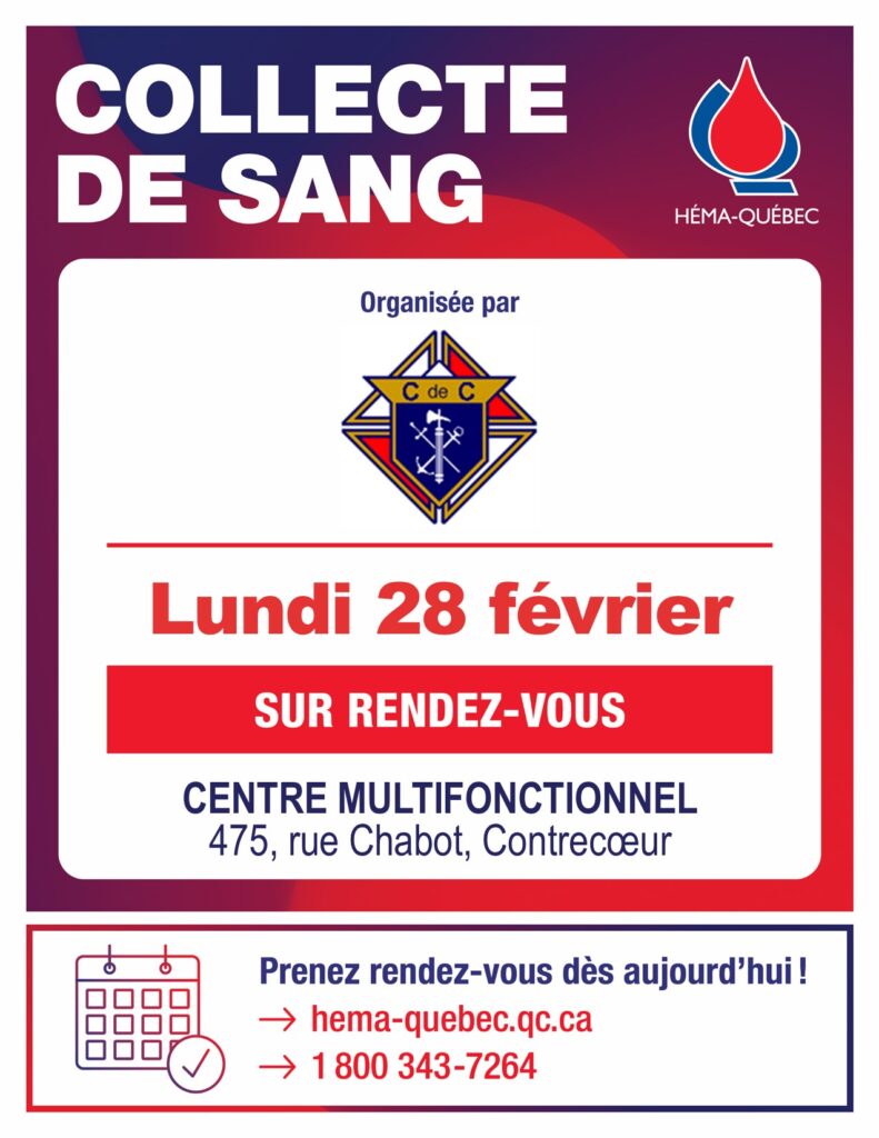 Cet hiver, soyez source de éconfort et donnez du sang à Contrecoeur le 28 février