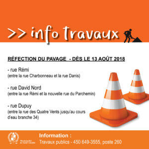 éfection du pavage rue émi, David nord et Dupuy dès le 13 août à Saint-Amable