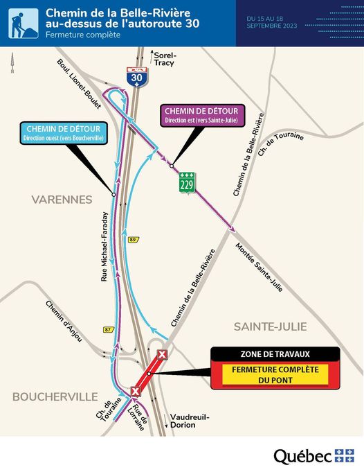 Fermeture du pont d&rsquo;étagement du Chemin de la Belle-Rivière à Sainte-Julie du 15 au 18 septembre