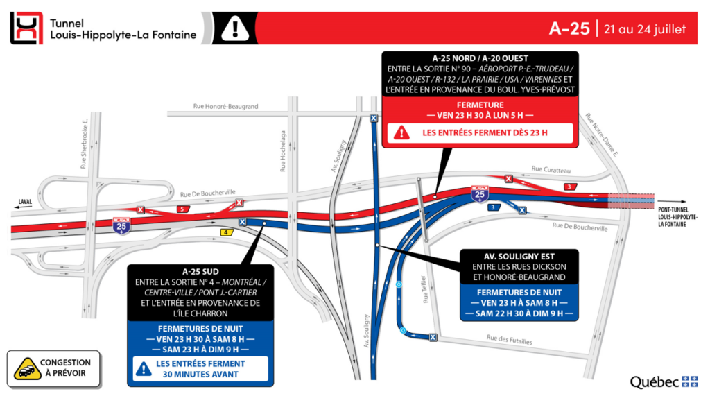 Fermeture complète du tunnel en direction de Montréal durant la fin de semaine du 21 juillet