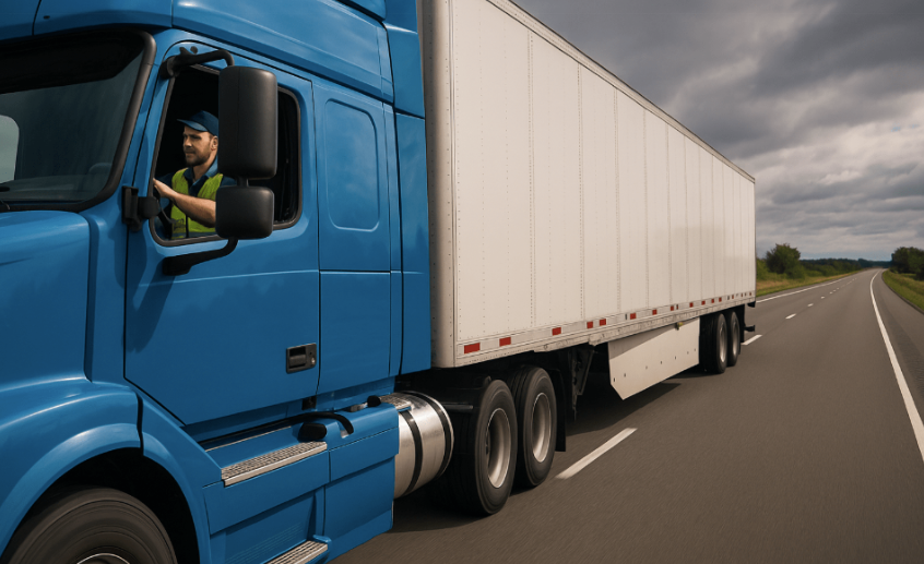 Camion bleu roulant sur autoroute