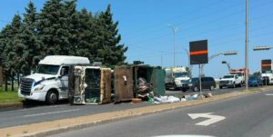 Un camion à ordures se renverse sur le boulevard de Mortagne